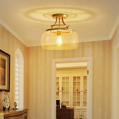 WUZUPS Chandelier Rustic Farmhouse Industrial Round Semi-flushmount Ceiling LED Light Fixture with Clear Glass Shades for Bathroom Kitchen Foyer Entryway, H 30 x W 34, E27 Base, Gold
