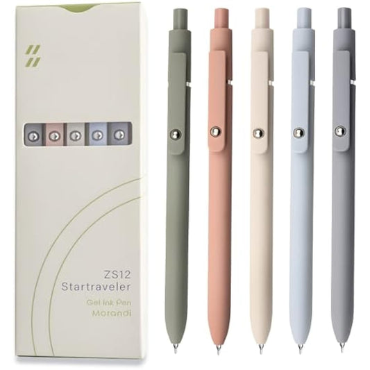 UIXJODO Gel Pens, 5 Pcs 0.5mm Japanese Black Ink Pens Fine Point Smooth Writing Pens with Silicone Grip, High-End Series Metal Clip Retractable Pens (5 Pcs Morandi)