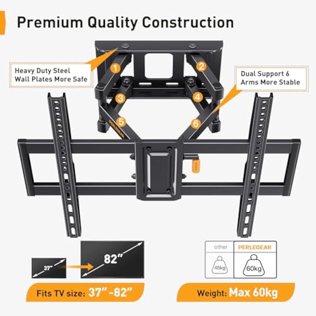 Perlegear TV Wall Bracket Swivels Tilts Extends, Full Motion TV Bracket for Most 37-82 Inch Flat&Curved TVs up to 60kg, MAX VESA 600x400mm