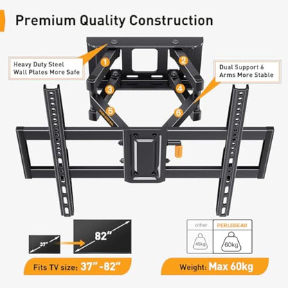 Perlegear TV Wall Bracket Swivels Tilts Extends, Full Motion TV Bracket for Most 37-82 Inch Flat&Curved TVs up to 60kg, MAX VESA 600x400mm