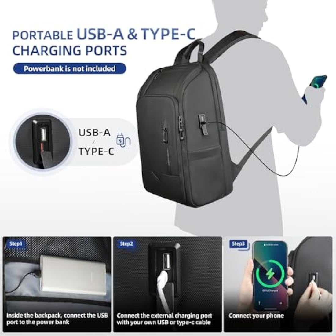 HEROIC KNIGHT Travel Laptop Backpack, Water-Resistant 15.6 Inch Business Laptop Rucksack Bag with USB Charging Port, Anti-Theft Carry on Backpack, High-Tech Casual Daypack for Work Office College