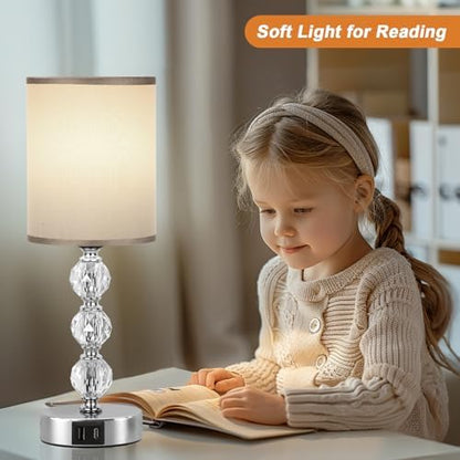 Aooshine Touch Table Lamp, Crystal Grey Bedside Lamps with 3 Way Dimmable, Small Bedside Lamp with USB C+A Charging Ports, Bedroom Lamps with Grey Fabric Shade for Living Room (LED Bulb Included)
