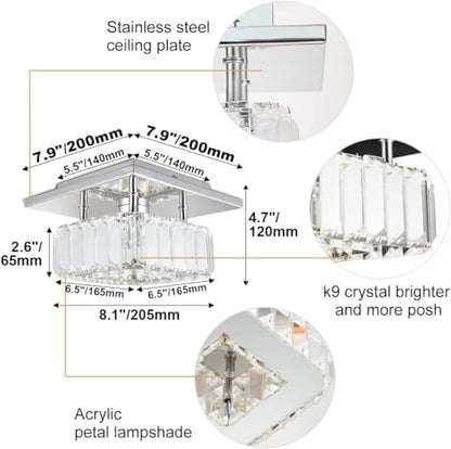 diisunbihuo Mini Crystal Chandelier Big Crystal Ceiling Lamp Square LED Pendant Light for Hallway Bedroom Dining Room (Dimmable)