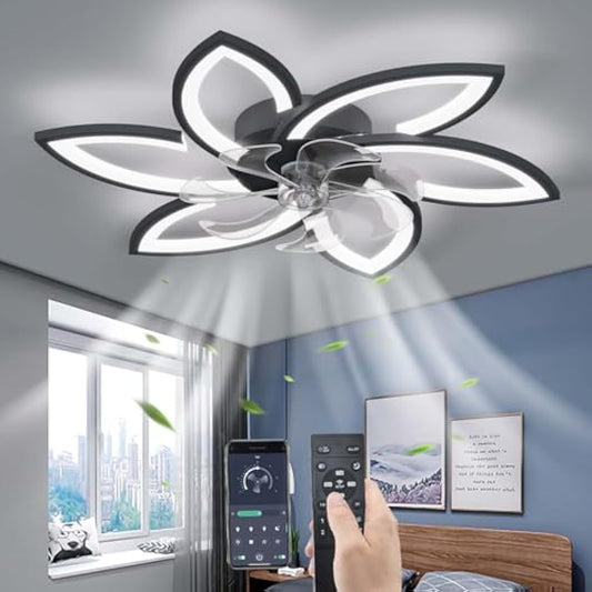 YUNZI Mute Ceiling Fan with Light with Remote Control, LED Dimmable Fan Ceiling Lamp, Modern Ceiling Fan Lighting for Living Room Bedroom Office, Adjustable 6 Speeds, Black 78CM