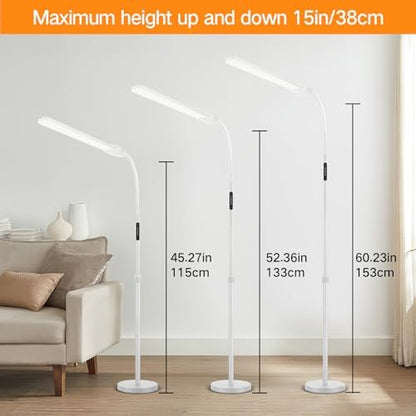 OUTON LED Floor Lamp with Double Head, 18W 1800LM, Super Wide & Bright, Height Adjustable, Remote & Touch Control, Memory Function, Dimmable Standing Lamp for Reading, Working, Sewing, Drawing, White