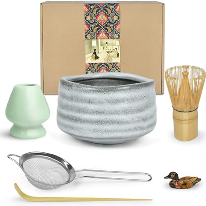 Artcome Matcha Ceremony Kit for Japanese Tea Ceremony, Traditional Matcha Bowl, Whisk, Tea Scoop, Matcha Powder Strainer, Matcha Tea Set for Making Usucha, Koicha and Matcha Latte (Gray)