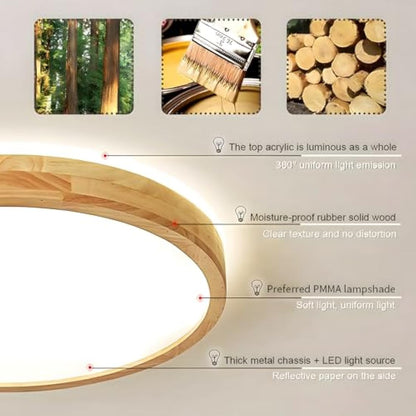 WayLuoung Wood LED Ceiling Light | Ø50cm 3000-6000K 36W | Round Top 360° Glow Natural Wooden Lamp, Bedroom Living Room Children's Room Kitchen Dining Room Home Office (Dimmable with Remote Control)