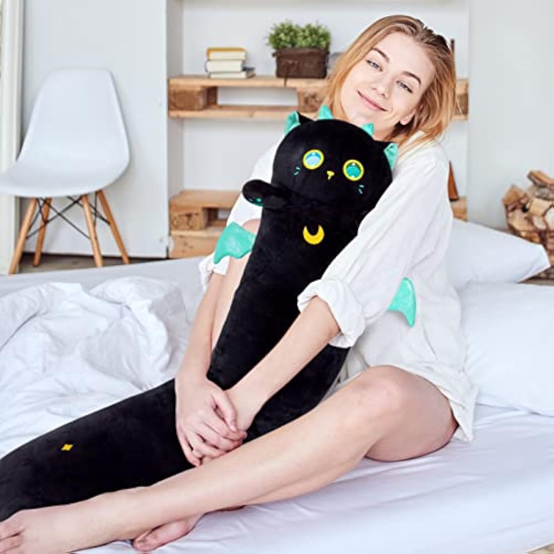 Mewaii 36in Long Cat Plush Pillows Stuffed Animals Squishy Pillows - Plushie Cute Big Green Eyes Sleeping Hugging Plush Pillow Soft Toys for Kids(Black)
