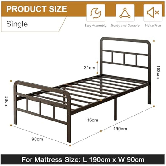 Yicensen Single Bed Frame with Curved Headboard and Footboard 90x190 cm, Black Single Platform Bed with Heavy Metal Slats for Stable Support, No Box Spring Needed, Noise Free, Easy Assembly