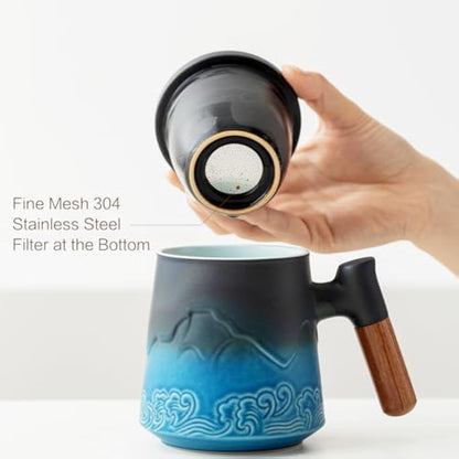 ZENS Tea Mug with Infuser and Lid, 450ML Embossed Ceramic Tea Cup with Strainers for Loose Leaf Tea Diffusers, Wood Handle Tea Infuer Mug for Brewing Tea Accessories for Women Tea Lovers Gifts