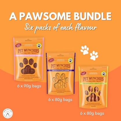 Pet Munchies Mixed Chicken Stick Bundle for Dogs, Chicken with Cheese, Blueberry or Carrot Flavour, Natural Real Meat Dog Chew Treat Sticks, 18 Variety Bags, 260g