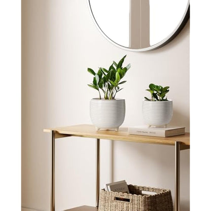 LE TAUCI Ceramic Plant Pots, 12 + 16 cm Footed Pots for Plants, Cute Modern Flower Pots for House and Office, Small Indoor Planters with Drainage, Reactive Glaze White