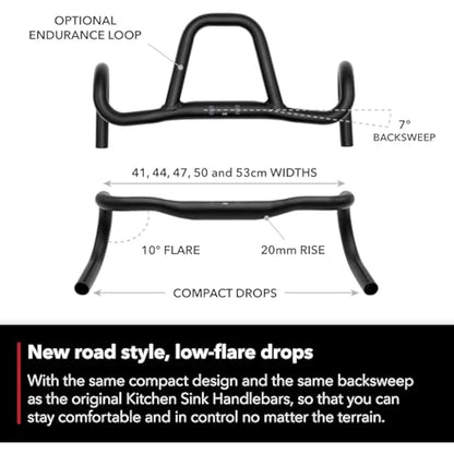 REDSHIFT Kitchen Sink Low Flare Handlebar without Loop for Road, Gravel, Touring, and Commuter Bikes, Aluminum Drop Bar, 31.8mm Clamp, with 20mm of Rise, 41cm Width