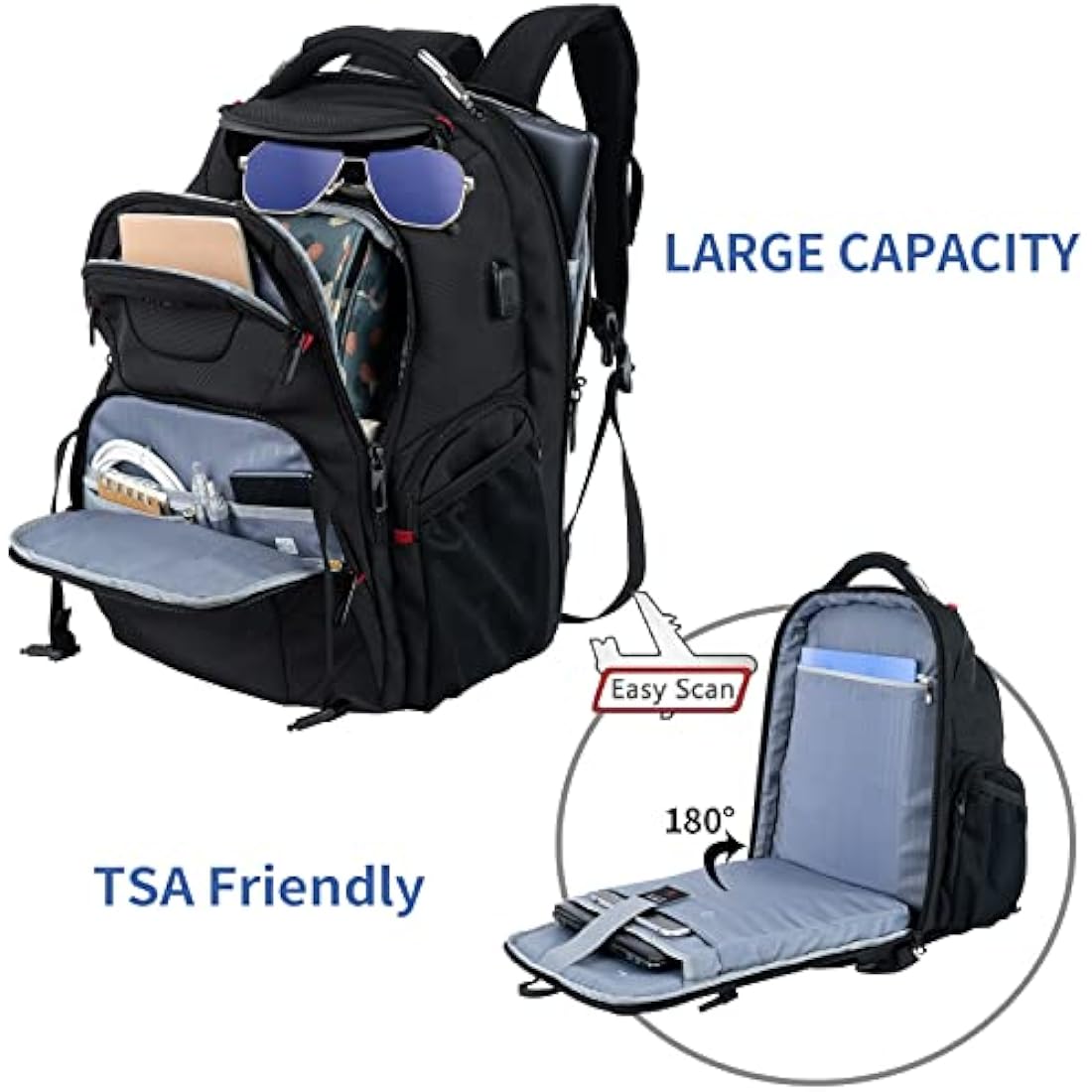 VANKEAN 17.3'' Travel Laptop Backpack TSA Friendly, Water Resistant Anti Theft Extra Large Backpack with RFID Pockets College Backpacks with USB Port for Men Women School Business Work Bag, Black