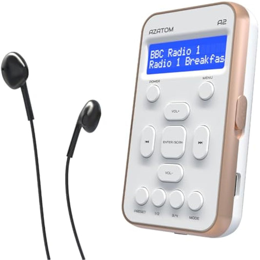 Portable DAB/DAB+ & FM Digital Radio | Sports Earphones Included | Clear Digital Display | Rechargeable Battery (10-12 Hours) | Perfect for Sports, Hiking or Working | AZATOM A2 (White/Rose Gold)