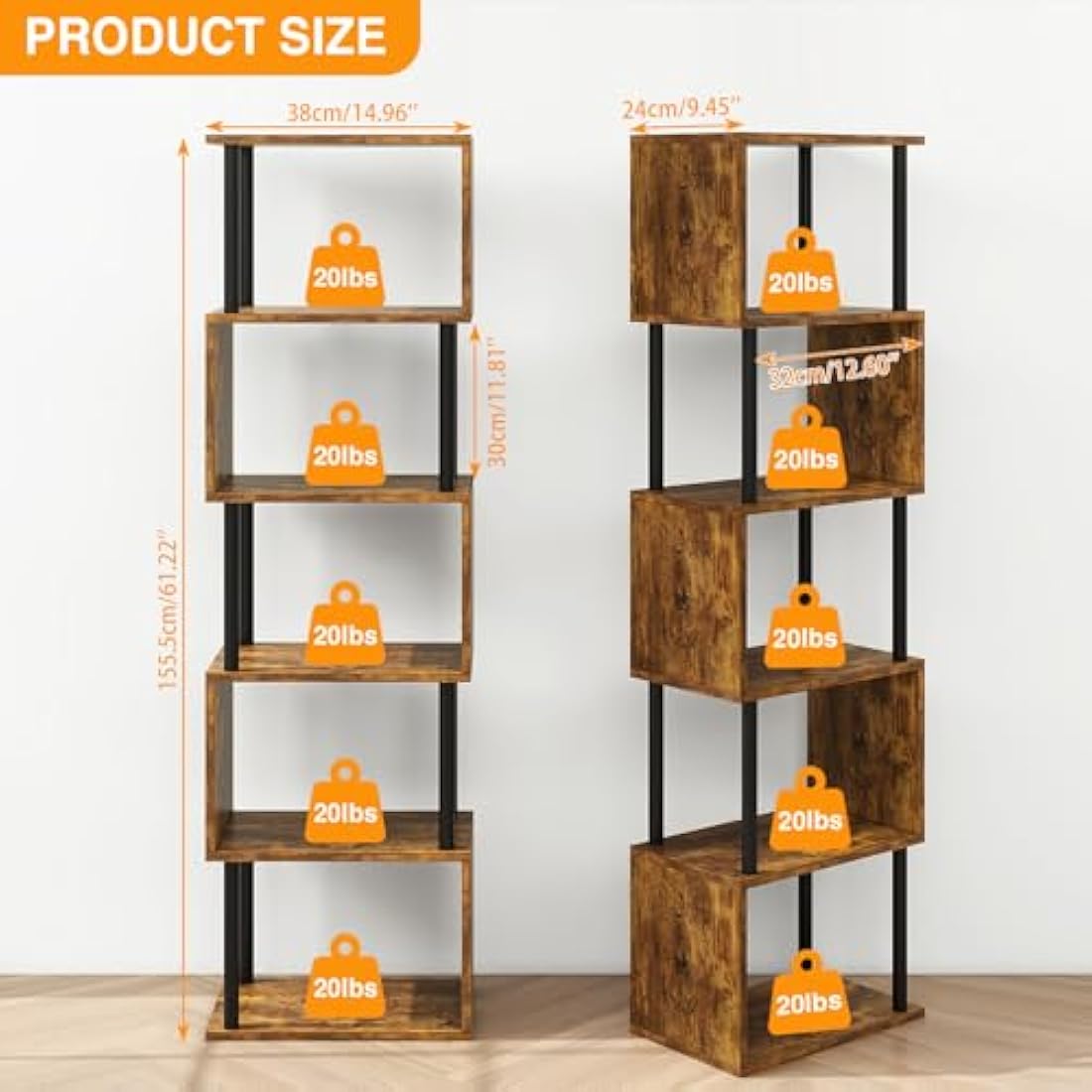 IBUYKE 6-Tier Tall Bookshelf,S-Shaped Geometric Bookcase, Wood Display Shelves With Storage,Industrial Bookshelf for Living Room Bedroom, Home Office, Rustic Brown WBC016H