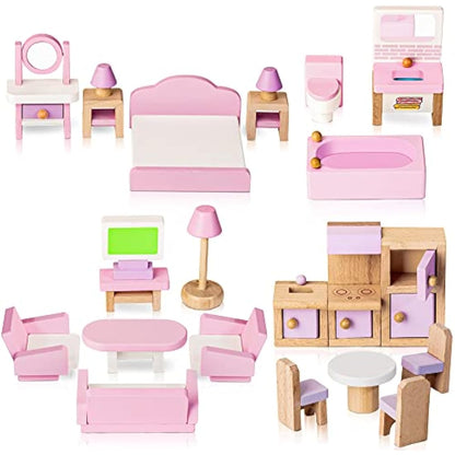 Lawcephun Wooden Dollhouse Furniture Set, 5 Room Kit 22 Piece Miniature Wood Accessories, Including Kitchen, Dining Room, Living Bedroom, Bathroom Playhouse Family Figures Play Toy, Pink (WT06)
