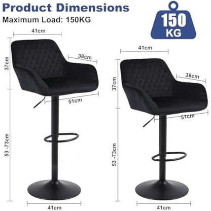 ralex-chair Bar Stools Set of 2, Height Adjustable Velvet Fabric Swivel Barstool Bar Chairs, Breakfast Dining Stools With Backrest and Armrest for Bar, Counter and Kitchen,Black