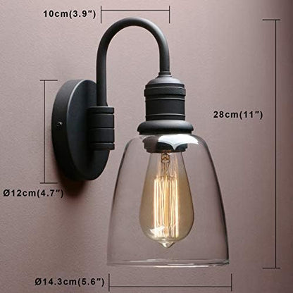 Yosoan Lighting Modern Vintage Industrial Bell Sconce Wall Light Fitting with 5.6” Clear Glass Lampshade, for Office Home Kitchen Living Room Bedroom Loft Bar (Black)