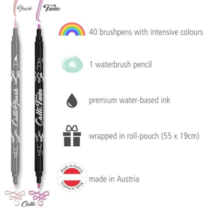 Online 40+1 Hand Lettering Set, Colourful Calli.Brush & Calli.Twin Brush Pens, Waterbrush Pen for Watercolour, Calligraphy Set in Roll Pouch Gift Packaging, Bullet Journal Pens