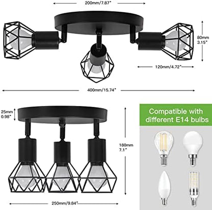 FORCOSO Spotlight Ceiling Light, Retro 3 Way Swiveling Ceiling Spotlight, Rotatable LED Wall Lights, Black Metal Lampshade for Living Room Bedroom Kitchen Loft