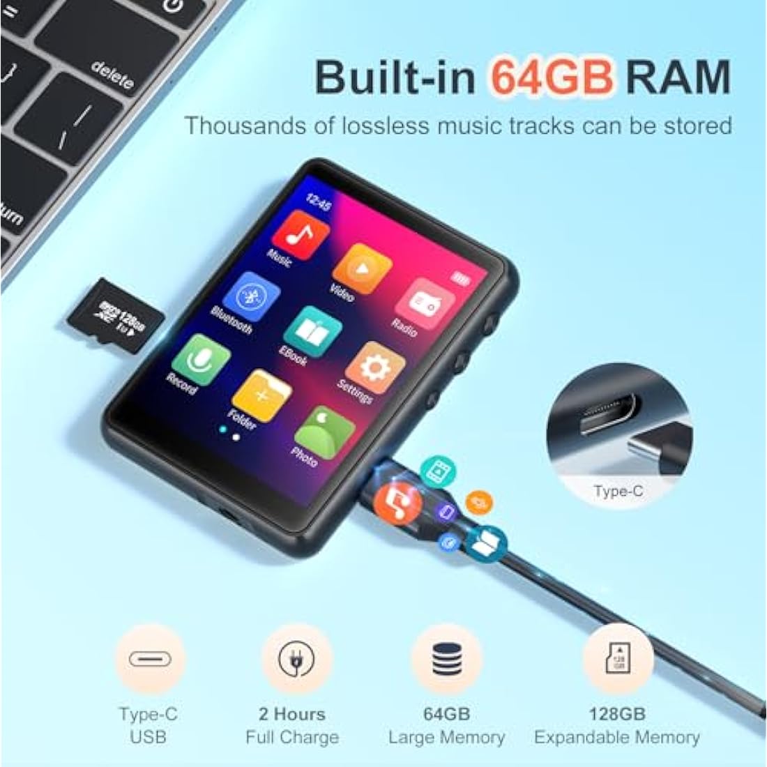 MECHEN 64GB MP3 Player Bluetooth 5.3 with 2.4" Full Touch Screen，Portable Digital Music Player with Speaker，FM Radio, Line Recording, HiFi Lossless Sound, Support up to 128GB