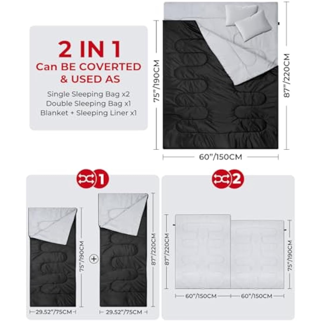 Ohuhu Double Sleeping Bag with 2 Pillows, Waterproof Lightweight 2 Person Adults Sleeping Bag for Camping, Backpacking, Hiking, Bonus Carrying Bag