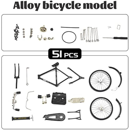 1PCS Retro Bicycle Model Ornament for Kids, 51 Pcs Simulation Mini Bike Model Scale Kit with Inflator & Briefcase, 1:10 Creative Iron Art Tabletop Ornament Toys for Gifts Home Office Decor (BLACK)