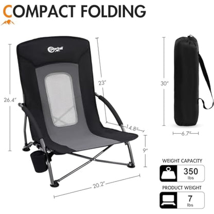 Portal Folding Beach Chairs Low Lightweight Portable for Adults Foldable Beach Seat Camping Festival Picnic Deck Chair Outdoor Collapsible with Cupholder Mesh Back Padded Armrests Supports 150KG