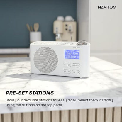 DAB/DAB+ & FM Portable Digital Radio | Bluetooth | Rechargeable Battery | Dual Alarms & Sleep Timer | Perfect for Home, Office or Outdoors | AZATOM Solo B1 (White)