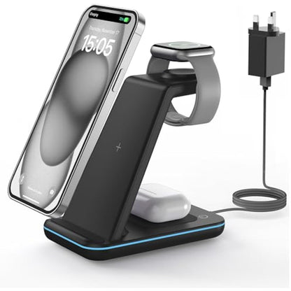 GEEKERA Wireless Charger, 3 in 1 Charging Station for iPhone 16/15/14/13/12/11/Pro Max/XS/XR/8, Charger Stand for Apple Watch 10/Ultra/9/8/7/6/5/4/3/2/SE, Docking Station for AirPods 4/Pro/3/2-Black