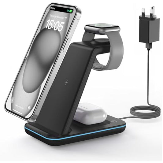 GEEKERA Wireless Charger, 3 in 1 Charging Station for iPhone 16/15/14/13/12/11/Pro Max/XS/XR/8, Charger Stand for Apple Watch 10/Ultra/9/8/7/6/5/4/3/2/SE, Docking Station for AirPods 4/Pro/3/2-Black