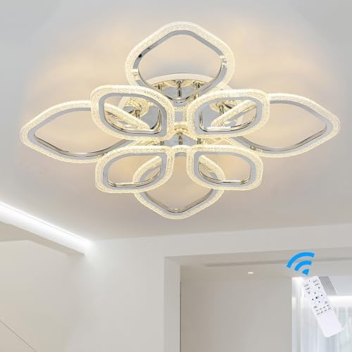Qcyuui LED Leaf Ceiling Lamp Chandeliers, Modern Flush Mount Ceiling Light 100 W Acrylic Dimming Close to Ceiling Lighting Fixture for Lounge Dining Room Kitchen, with Remote/8-Head