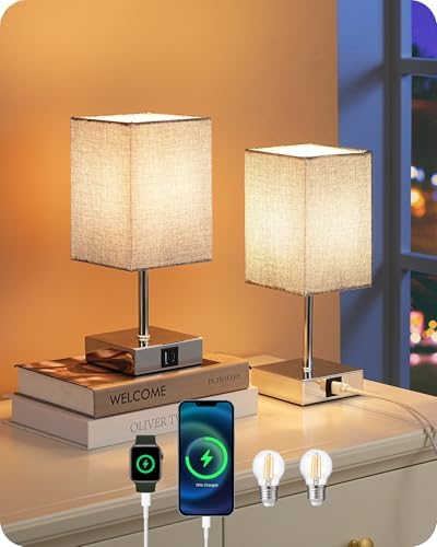 EDISHINE Bedside Lamps Set of 2, 3 Way Dimmable Table Lamps with USB A+C Charging Ports, LED Bulb Included, Touch Lamps for Bedroom, Living Room, GrayLinen Lampshade, 2700K