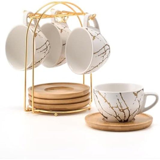 HOME DECOR Ceramic Cappuccino Cups Set of 4, 220ml Stackable Cappuccino Mugs and Saucer with Metal Stand for Coffee Lover, Cappuccino, Latte, Americano and Tea -White Golden