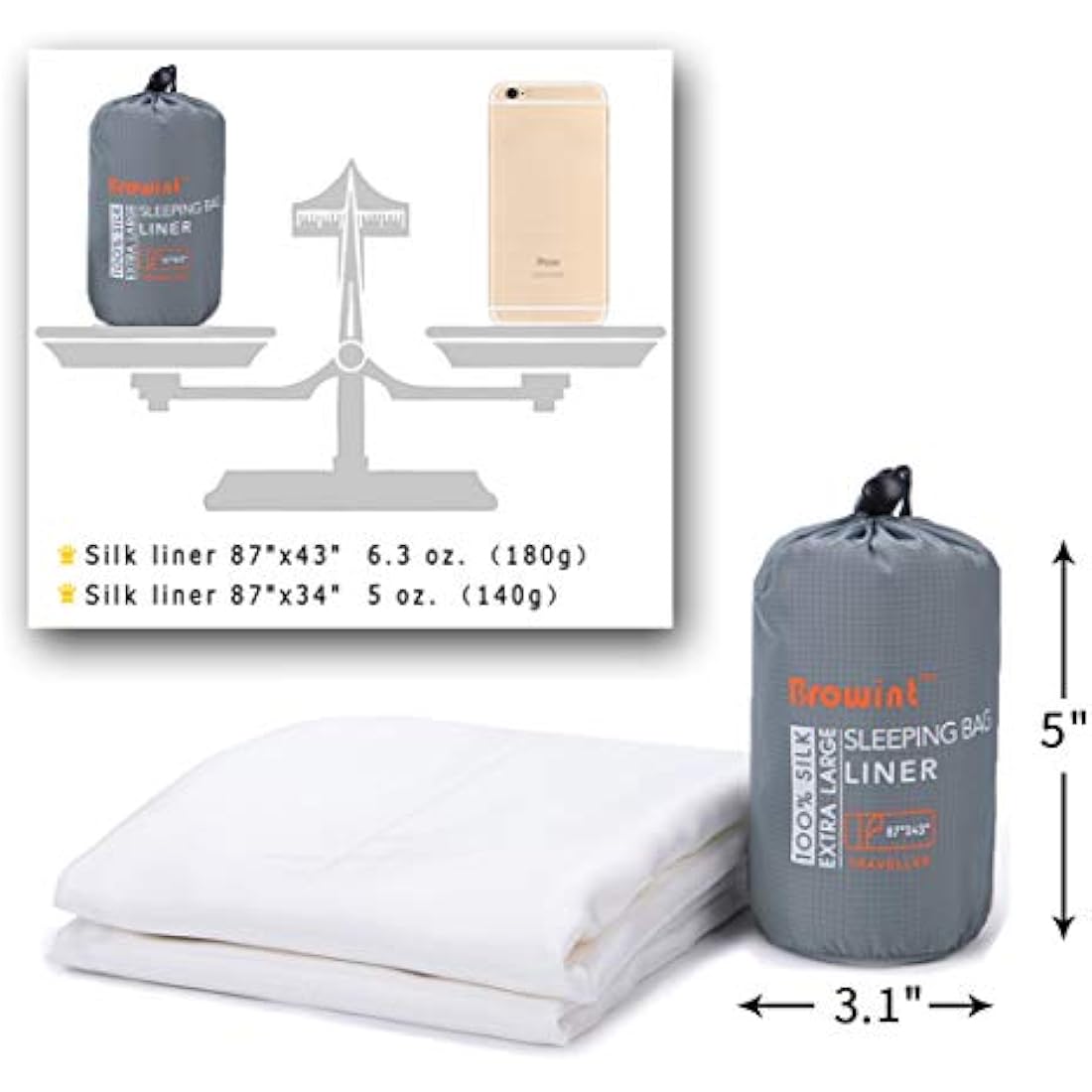 BROWINT Silk Sleeping Bag Liner, Silk Sleep Sack, Extra Wide 220x110cm, Lightweight Travel Sheet for Hotels, Sleeper with Reinforced Gussets