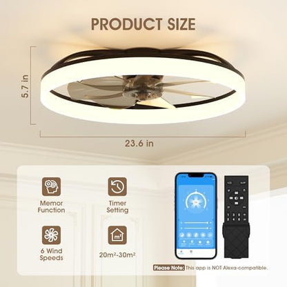 NIORSUN 60cm Ceiling Fans with Lights and Remote, 6 Speeds Modern Smart LED Ceiling Fan Light, 3000K-6500K Dimmable Quiet Fan Lights Ceiling for Bedroom Living Room Dining Room (Black)