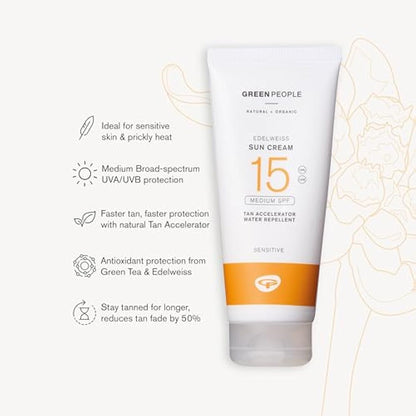 Green People Edelweiss Sun Cream with Tan Accelerator - SPF15 - Natural Sunscreen Suitable for Sensitive Skin - Reef Safe & Cruelty Free, 200ml