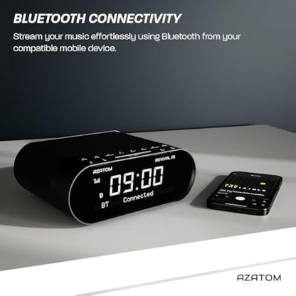 DAB/DAB+ & FM Bedside Digital Radio | Dual Alarms & Sleep Timer | USB Device Charging | Mains Powered | Bluetooth | Perfect for the Bedroom | AZATOM Revival R1 (Black)