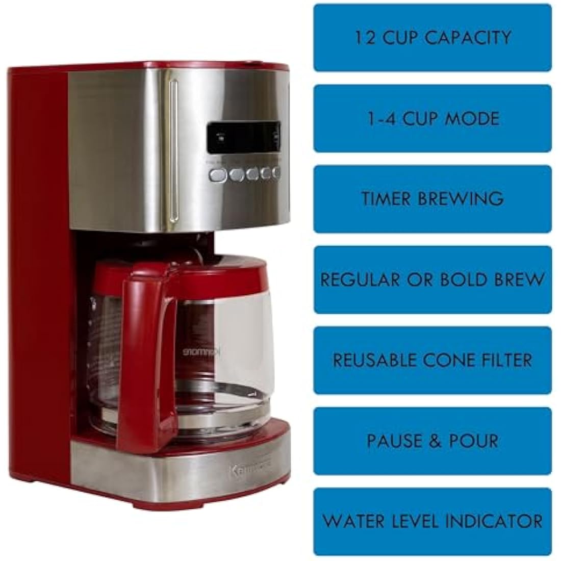 Kenmore 12-Cup Drip Coffee Maker Machine, 1.8L Programmable Filter Coffee Machine with Timer, Fast Brewing Technology, Reusable Filter, Glass Carafe, Digital Display, Charcoal Water Filter, Red