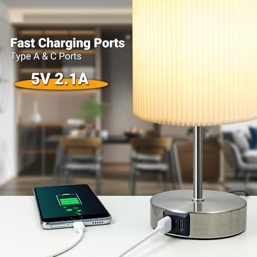 HSLighting Bedside Lamps, Touch Control Table Lamp with Metal Base 3-Way Brightness Changing Dimmable USB A+C Charging LED Light Bulbs Desk Lamp Minimalist Night Light for Bedroom Living Room, 2 Pack