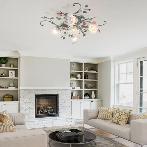 meibeileil Country Villa Ceiling Lights,Chandelier with Glass Lampshade and Pink Ceramic Roses,Vintage Flower Design Light Fittings Ceilings for Living Room Bedroom Restaurant Hallway