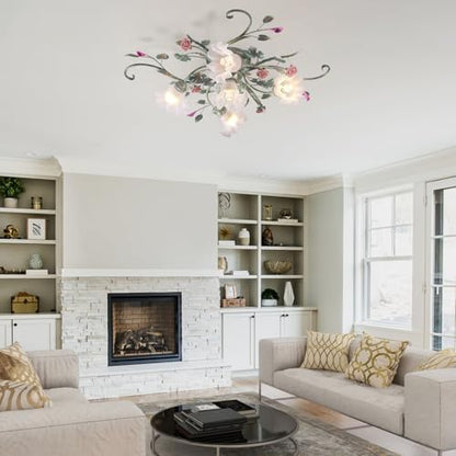 meibeileil Country Villa Ceiling Lights,Chandelier with Glass Lampshade and Pink Ceramic Roses,Vintage Flower Design Light Fittings Ceilings for Living Room Bedroom Restaurant Hallway