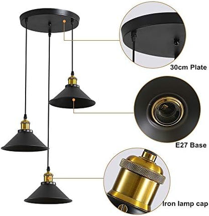 DELIPOP 3 Lights Vintage Pendant Light, E27 Black Metal Hanging Lights, Industrial Ceiling Lights for Kitchen Bedroom Living Dining Room