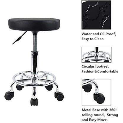 KKTONER PU Leather Round Rolling Stool with Foot Rest Swivel Height Adjustment Spa Drafting Salon Tattoo Work Office Massage Stools Task Chair Small (Black)