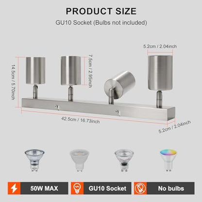Ketom Adjustable 4 Way Ceiling Spotlight Fitting - GU10 LED Ceiling Light Rotatable - Indoor Spotlights Ceiling Lights - Modern Matt Nickel Metal Ceiling Spotlight - GU10 Bulb Base - Bulb Not Included