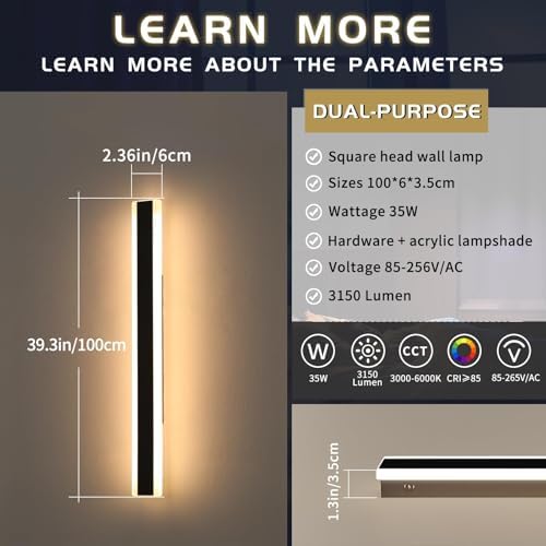 Mikeru 2Pack Outdoor Wall Lights, 100CM Dimmable LED Garden Wall Light 10% to 100% 3 Color Outdoor Wall Lamp with Remote Control 3000K/4500K/6000K Hard Wired Lighting 35W for Exterior, Villa
