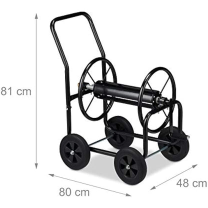 Relaxdays Hose Cart Metal, 4 Rubber Wheels, XL Garden Hosepipe Trolley, Crank, Holds 60 m, HWD 81 x 48 x 80 cm, Black, Steel