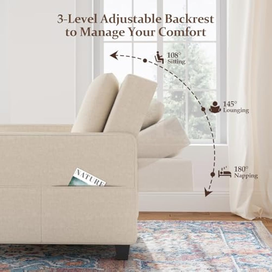 Vesgantti 3 in 1 Convertible Sofa Bed with Adjustable Backrest, Beige Fabric Single Sofa Bed Chair with Side Pockets, Foldable & Pull Out for Living Room