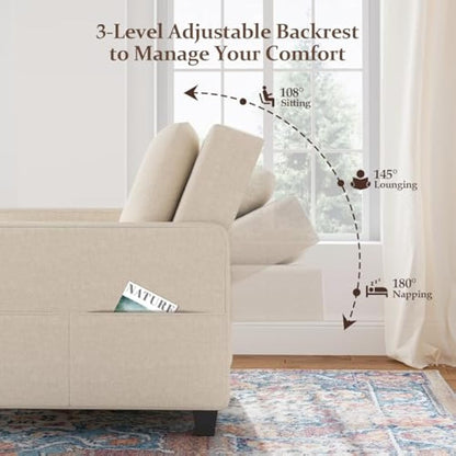 Vesgantti 3 in 1 Convertible Sofa Bed with Adjustable Backrest, Beige Fabric Single Sofa Bed Chair with Side Pockets, Foldable & Pull Out for Living Room